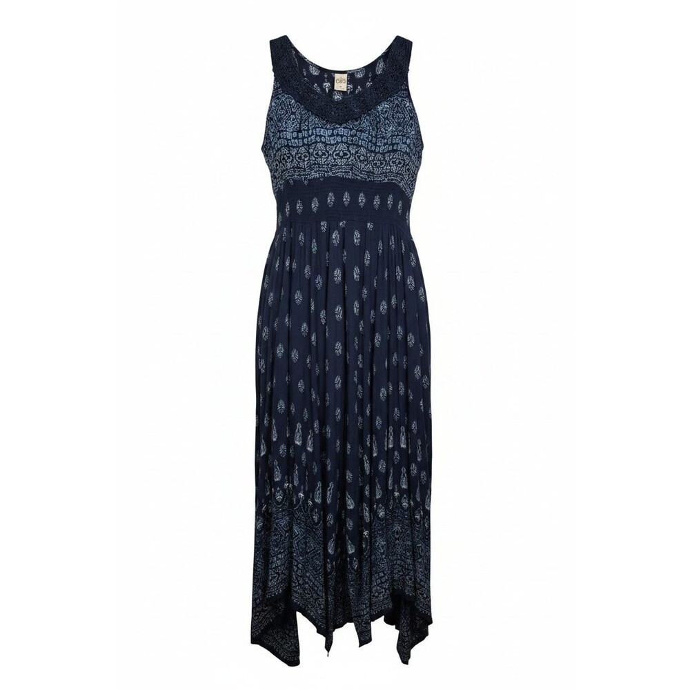 Y2k Dress M Flowy Midi Blue Floral Crochet Neckline Fairy Handkerchief Hem Boho